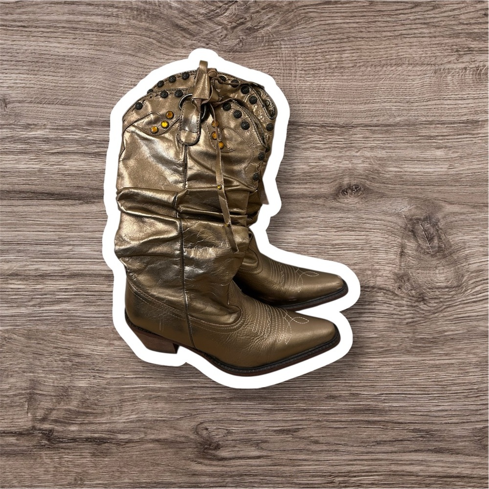 Steve Madden leather metallic gold stud detail slouch fringe cowgirl boots - Picture 1 of 13